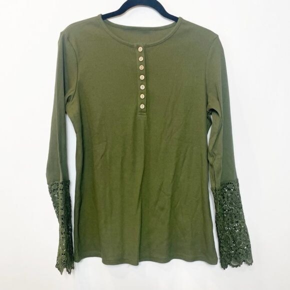 Basic Henley Lace Crochet Long Sleeve Blouse Casual Green Ribbed Knit Size Large - Picture 2 of 8